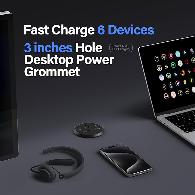 3 inch Desktop Power Grommet USB C, 65W Fast Charging Station, Furniture - Image 3