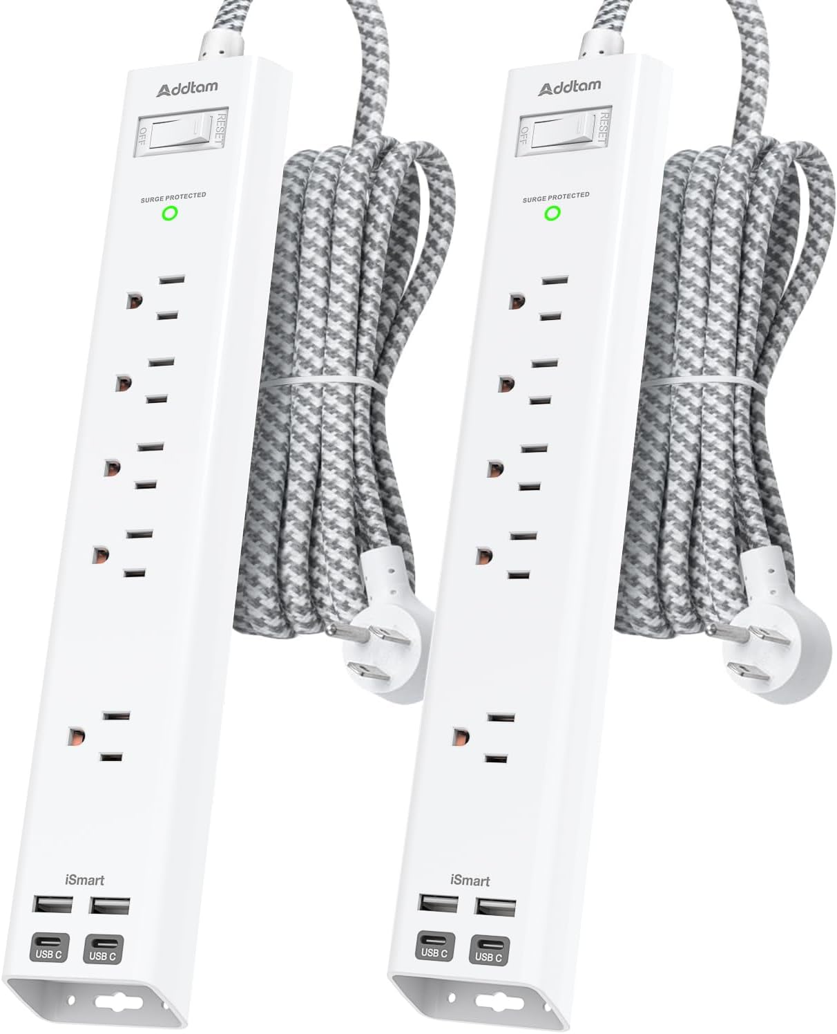 2 Pack Surge Protector Power Strip -6ft Extension Cord, 5 Outlets 4 USB | 2 USB C Charging Ports, 1875W/15A, Flat Plug, 1080J Overload Protection Wall Mount for Home Office Dorm Room Essentials