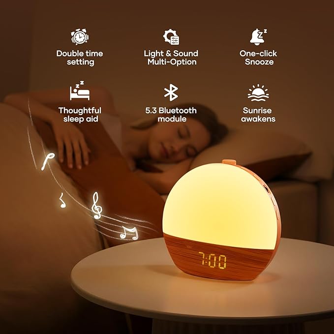 Sunrise Alarm Clock, Sound Machine, Wood Grain Dimmable Night Light - Image 3