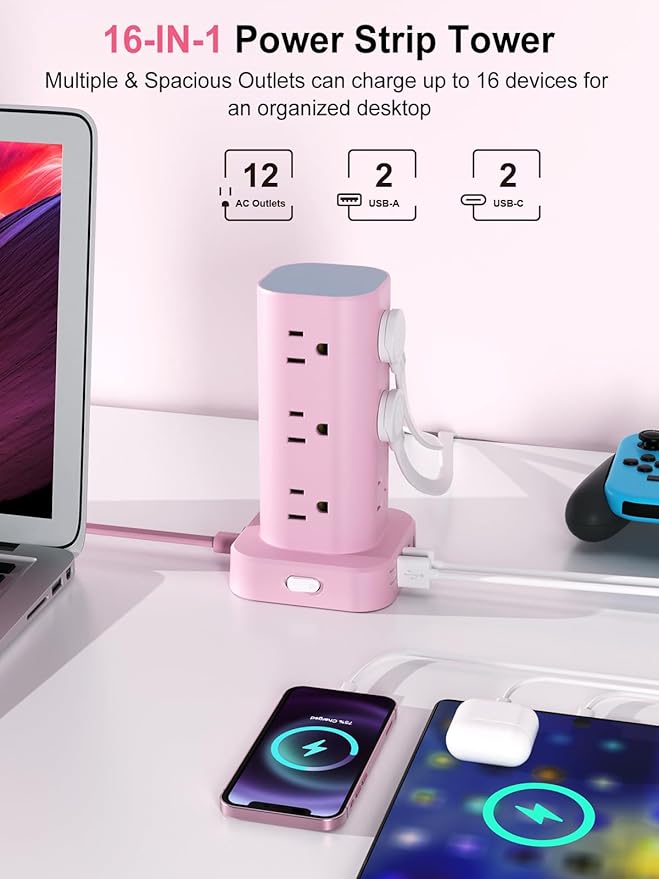 Power Strip Tower with Multiple Outlets, Flat Plug Surge Protector Tower - Image 2