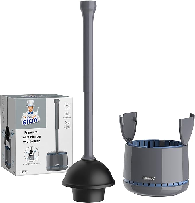 MR.SIGA Toilet Plunger with Holder, Heavy Duty Plunger with Sturdy Handle by MRSIGA