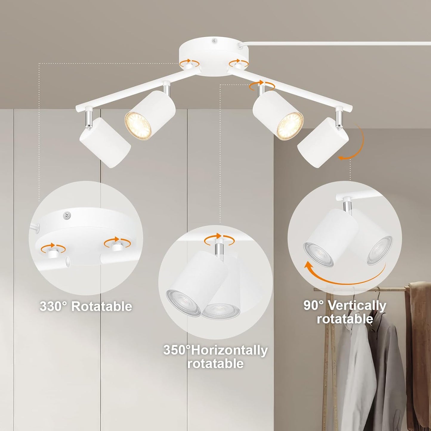 Plug in Track Lighting LED, Track Lighting Fixtures Ceiling, White 4-Light Kitchen Light Kit, Plug in Wall Light with 14.8ft Power Cord, Rotatable Ceiling Spotlight for Bedroom(GU10 Socket, NO Bulb)
