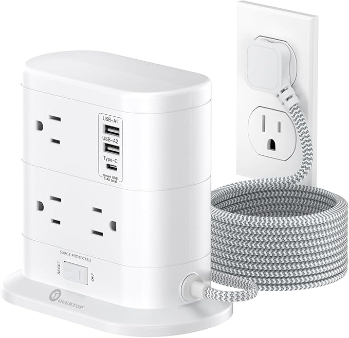 Overtop Tower Power Strip with Surge Protection, Nightlight Flat Plug Power by OVERTOP