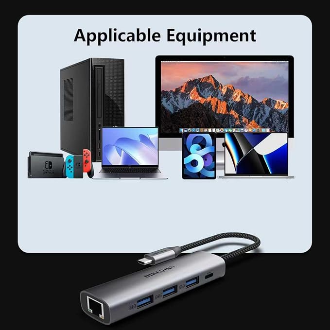 DIKEQINN USB 3.0 Hub with Gigabit Ethernet, 3-Port USB-A 5Gbps + USB-C Power - Image 9