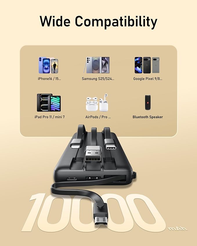 VEEKTOMX Portable Charger Built-in Cables, 10000mAh Power Bank - Image 4