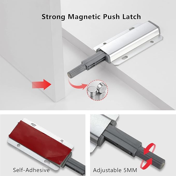 Push to Open Door Latch, 5 Pack Magnetic Push Latches, Adhesive Heavy Duty - Image 2