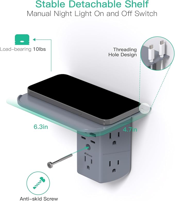 Wall Outlet Extender with Shelf and Night Light, Surge Protector, USB Wall - Image 4
