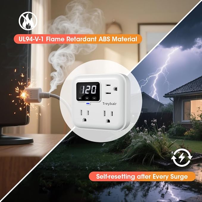 Surge Protector 3-Outlet Power Strip w/Advanced Voltage Protection, 80V-140V - Image 4