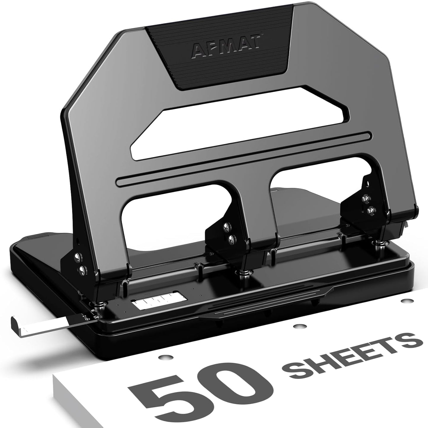AFMAT Heavy Duty 3 Hole Puncher, 50-Sheet Paper Punch Heavy Duty, 50% Reduced Effort Three Hole Punch, 10K+ Uses, Metal Hole Puncher 3 Ring w/Large Tray, Bulit-in S.S. Paper Guide HPX4(Black)