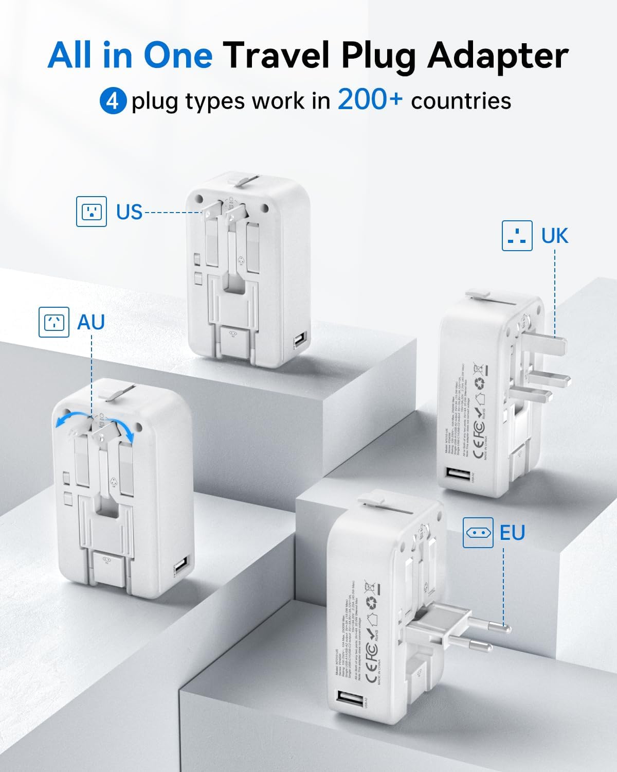 DOACE Pico 45W Universal Travel Adapter with 1 AC, 2 USB C & 2 USB A Ports | Ultra Thin International Power Adapter, Worldwide Travel Essentials for US to UK IT AU CN JP European travel plug adapter