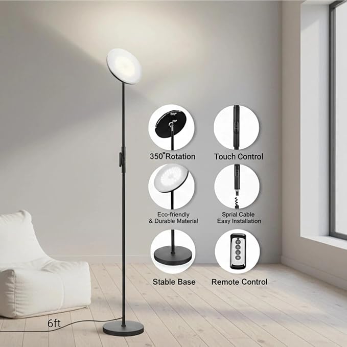 JOOFO Floor Lamp, 30W/2400LM Sky LED Modern Torchiere 3 Color Temperatures - Image 3