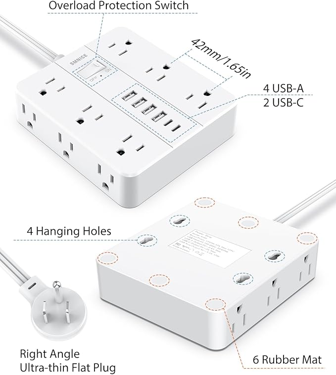 Power Strip Flat Plug with 12 Outlets 6 USB, SMNICE Surge Protector Charging - Image 7