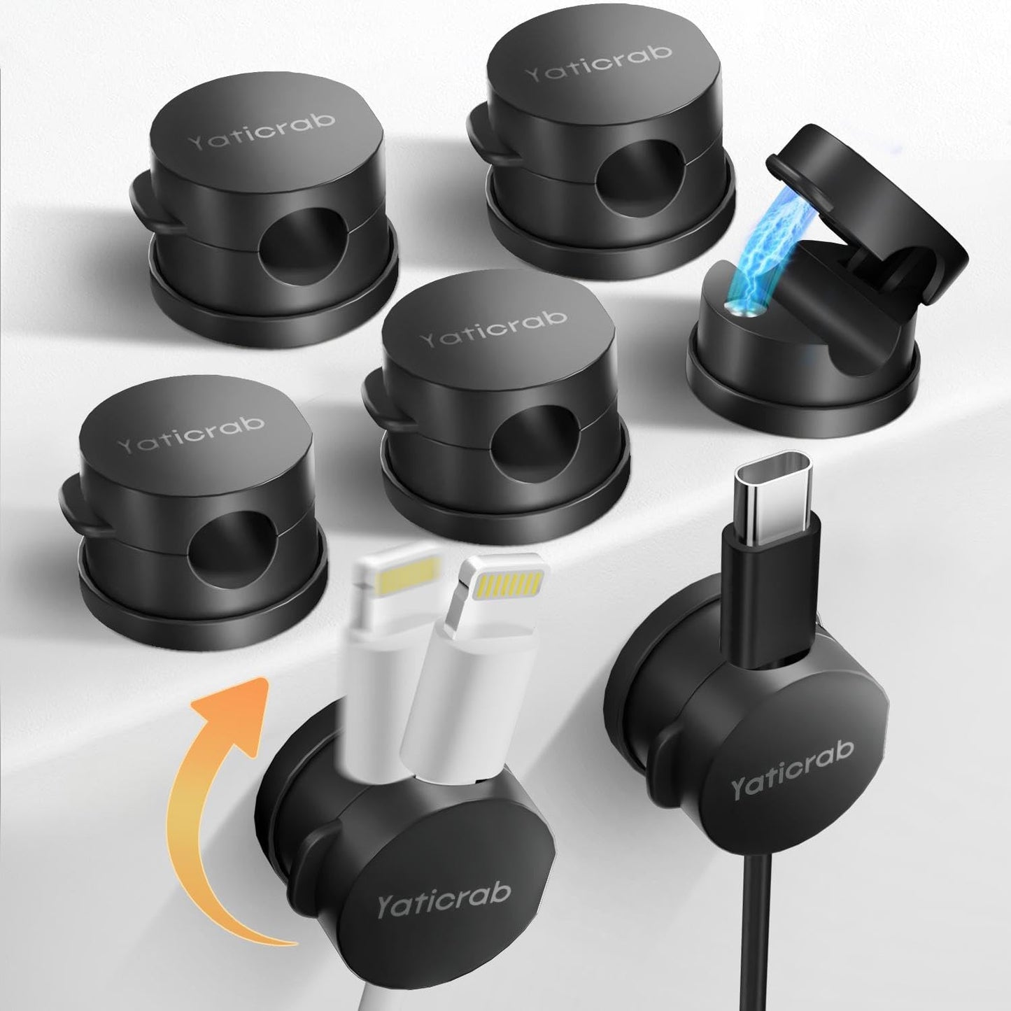 Magnetic Cord Holder for Desk & Nightstand, 7-Pack 360° Rotatable Cable Clips Organizer, Strong Adhesive, Fits 8mm Slots for Phone Charger Cords & Wires, Black