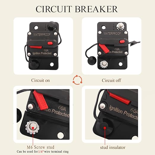 60 Amp Circuit Breaker with 6 AWG 1/4" Ring Terminal - Image 3