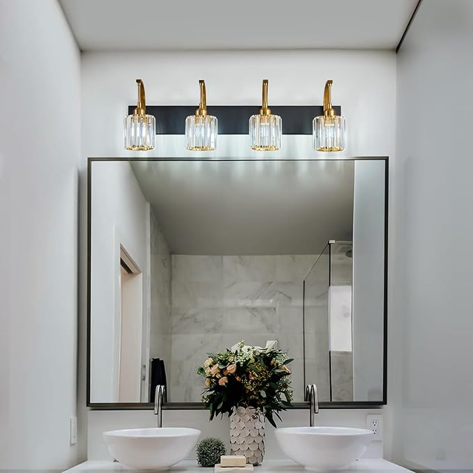 FDPBY 4-Light Crystal Vanity Light, Modern Black Gold Bathroom Wall Sconce - Image 3