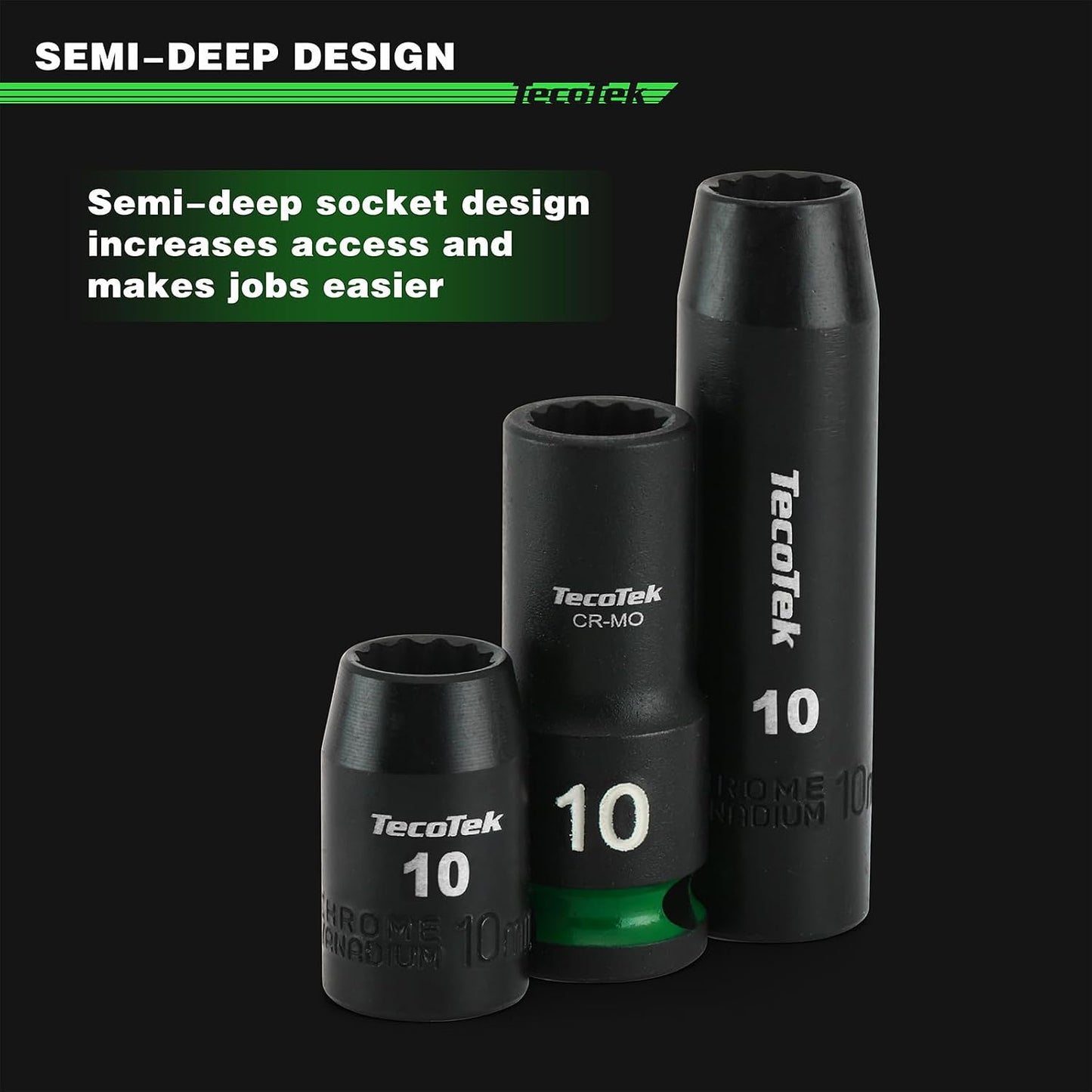 TecoTek 3/8-Inch Drive 12-Point Metric Semi-Deep Impact Socket Set, Mid-Length Socket Set, 7mm to 19mm, CR-MO, Stamped and Ink Filled Size Marking, 13-Piece