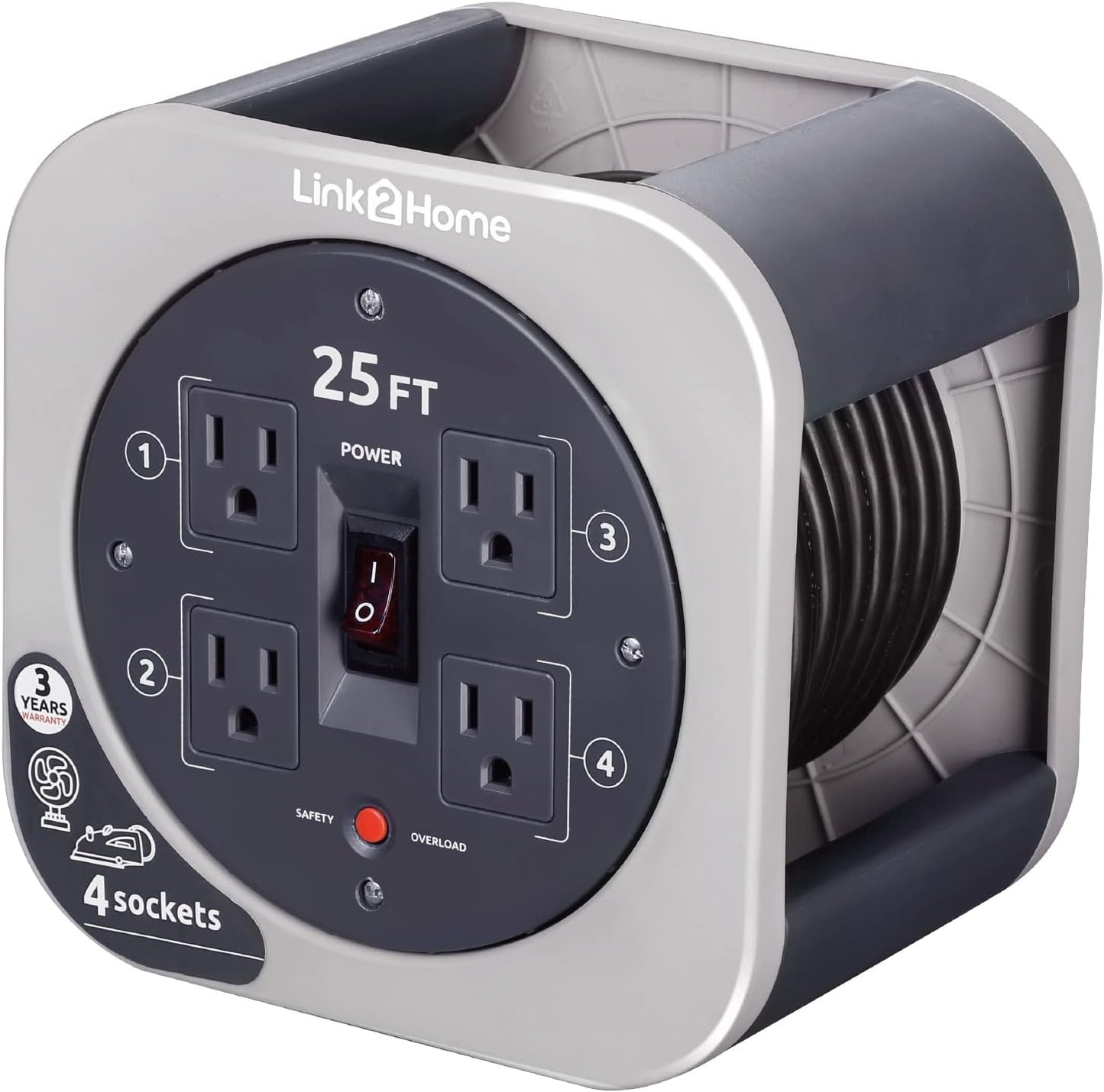 Link2Home 25 Ft. Extension Cord Storage Reel, 4 Grounded Outlets | 16/3 cable, overload reset button, compact design for garage or workshop