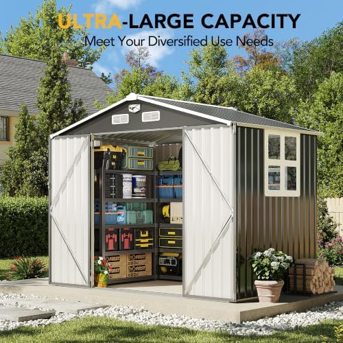 8x6ft outdoor storage shed, tool shed with sloping on a desk or shelf