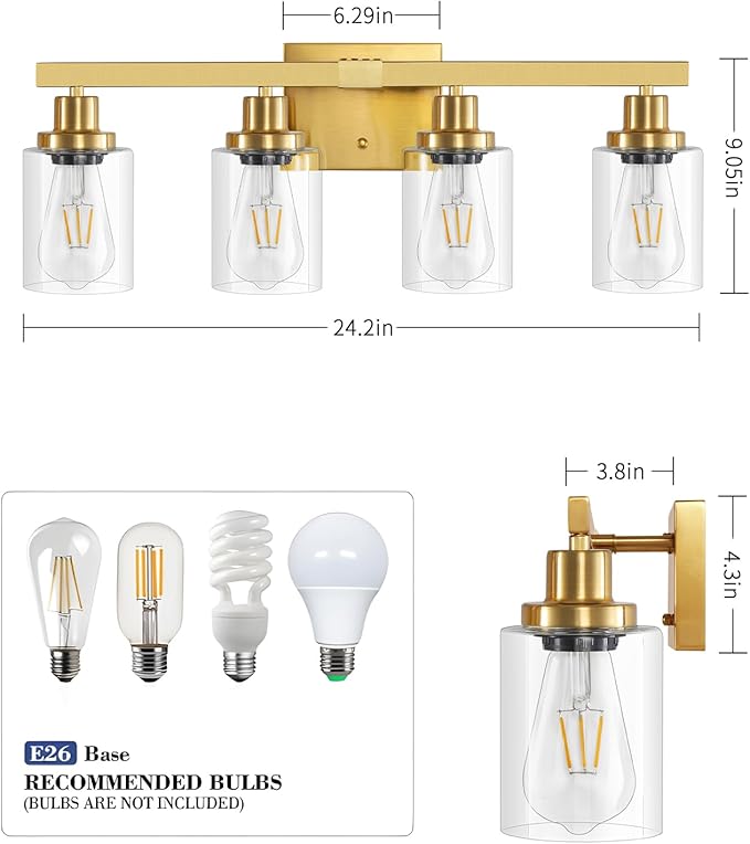 DIKAIDA Bathroom Vanity Light, 4-Light Modern Matte Gold Wall Sconce Lighting - Image 4