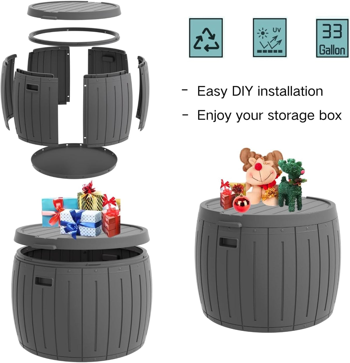 zzm 33 gallon round deck box, patio side showing dimensions