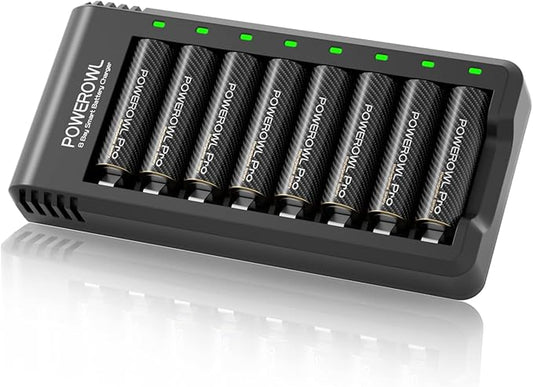 POWEROWL Gold-top Rechargeable AA Batteries PRO w/ 8 Bay Charger, High Capacity by POWEROWL