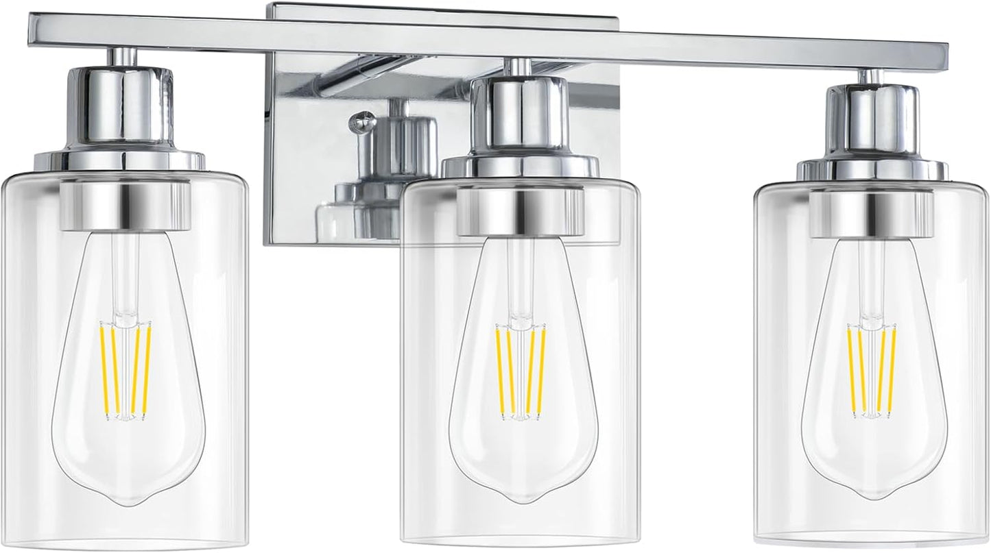 3 Light Vanity Light Fixtures, Polished Chrome Bathroom Wall Sconces, Modern Wall Lights with Clear Glass Shades, Bathroom Wall Lamp over Mirror Kitchen Bedroom Living Room Hallway Cabinet Porch