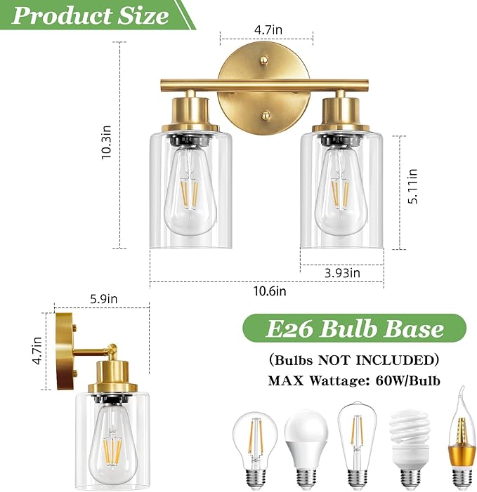 Guliaofo 2-Light E26 Bathroom Light Fixtures, Modern Brushed Gold Vanity Lights - Image 2