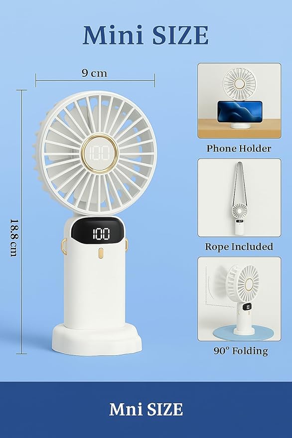 AMPMG LED Digital Display Rechargeable Fan – Portable Handheld & Desk Fan - Image 2