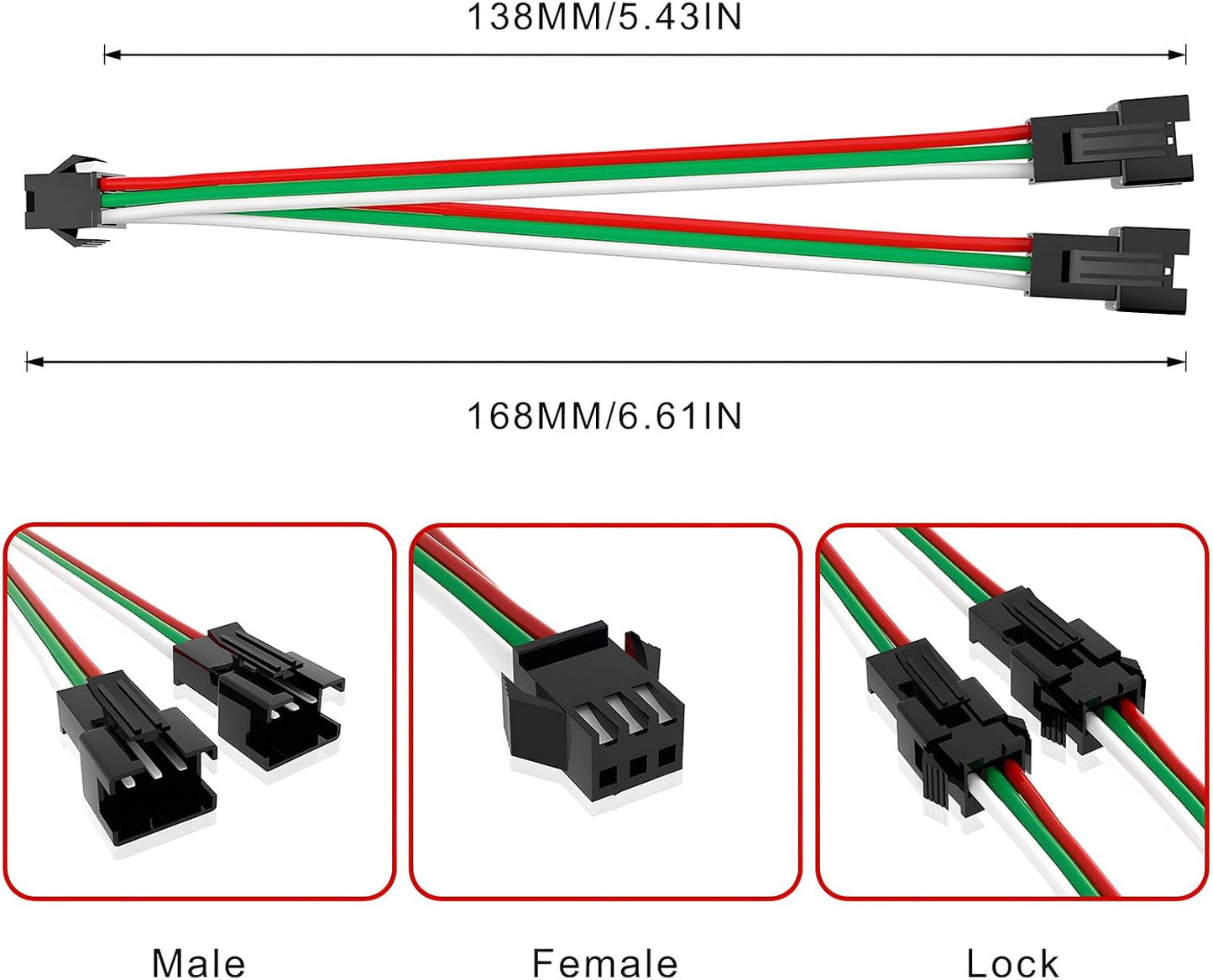 8Pcs JST SM 3Pin Splitter 1 to 2 Connectors 15cm for LED Strip Light | 22AWG Wire Female/Male, 5V-24V low voltage for WS2812B WS2811 WS2812 WS2814 SK6812 CCT LED , 3pin SM Splitter 1 to 2