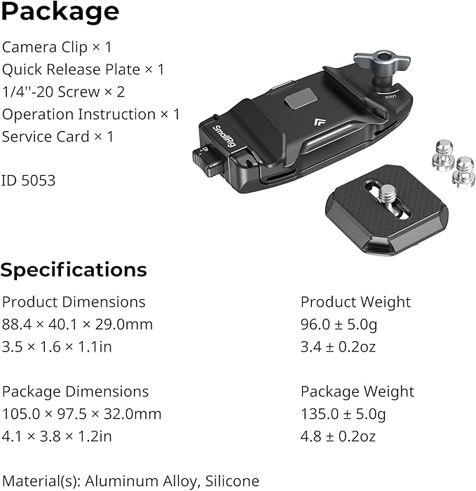 SMALLRIG Camera Clip with Plate, Quick Release System, Max Payload 40kg/88lb - Image 9