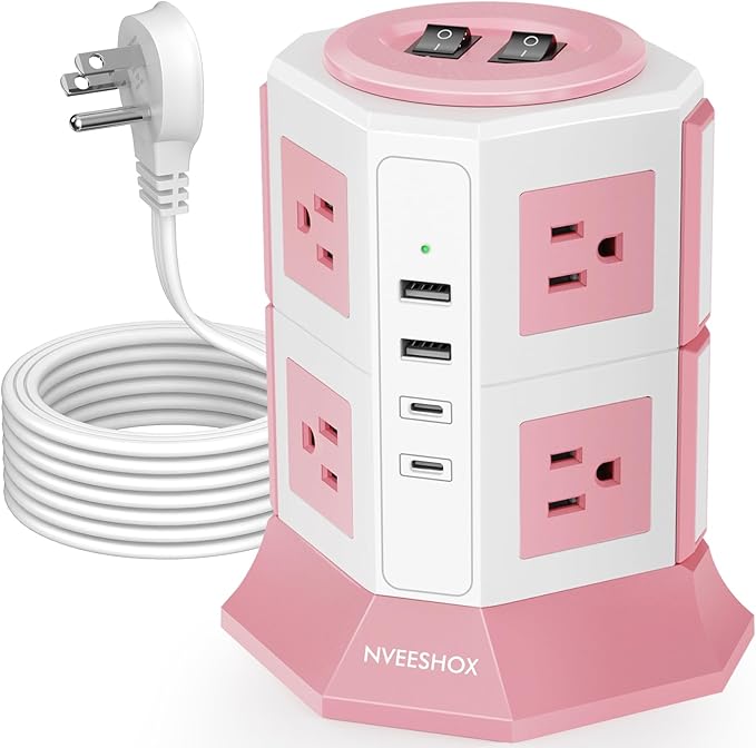 NVEESHOX Surge Protector Power Strip Tower, 10 Feet Ultra Flat Extension Cord by NVEESHOX