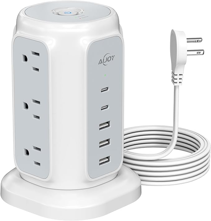 AiJoy Flat Plug Power Strip Tower 9 Outlets and 5 USB Ports, 1200J Surge by AiJoy