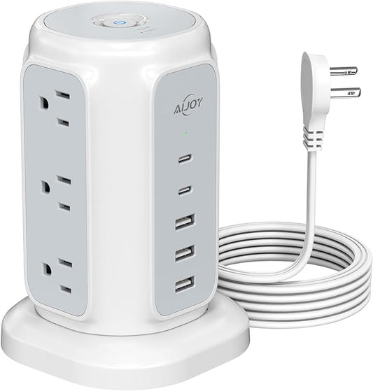 AiJoy Flat Plug Power Strip Tower 9 Outlets and 5 USB Ports, 1200J Surge by AiJoy