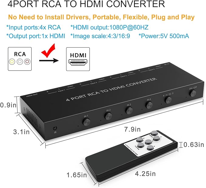 RuiPuo 4Port AV to HDMI Converter, 4Port AV to HDMI Switcher - Image 3