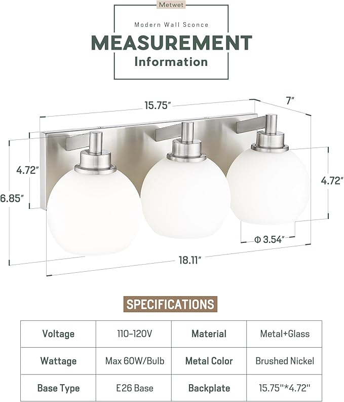 METWET Bathroom Light Fixtures, 3-Light Brushed Nickel Vanity Light, Modern - Image 3