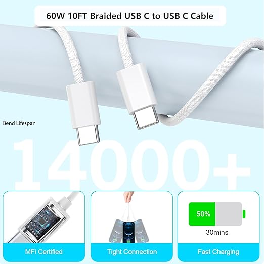 10Foot USB C-C Woven Fast Charging Cable, Apple 40W 4 Port USB C Wall Charger - Image 3
