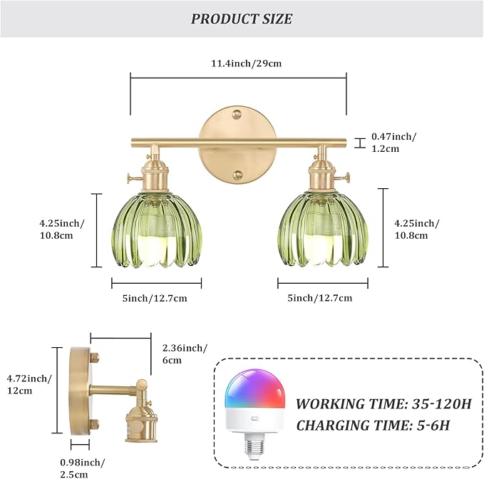 Shenmoyl Battery Operated Bathroom Light Fixtures, 2-Light Brass Vanity Wall - Image 6