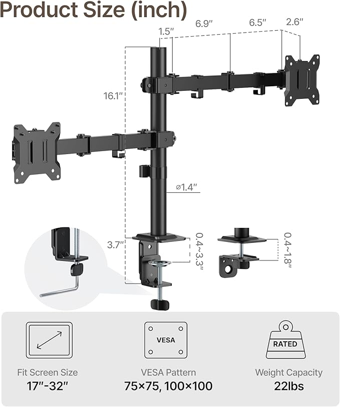 monTEK Dual Monitor Stand for 17"–32” Computer, Adjustable Height Stable - Image 2