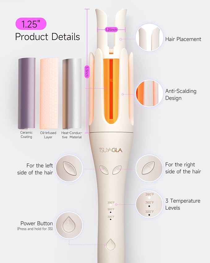 TSUYAGLA Automatic Hair Curler, 1 1/4 Inch Rotating Curling Iron - Image 7