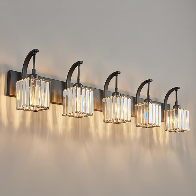 FDPBY 5-Light Crystal Vanity Light, Modern Black Bathroom Wall Sconce by FDPBY