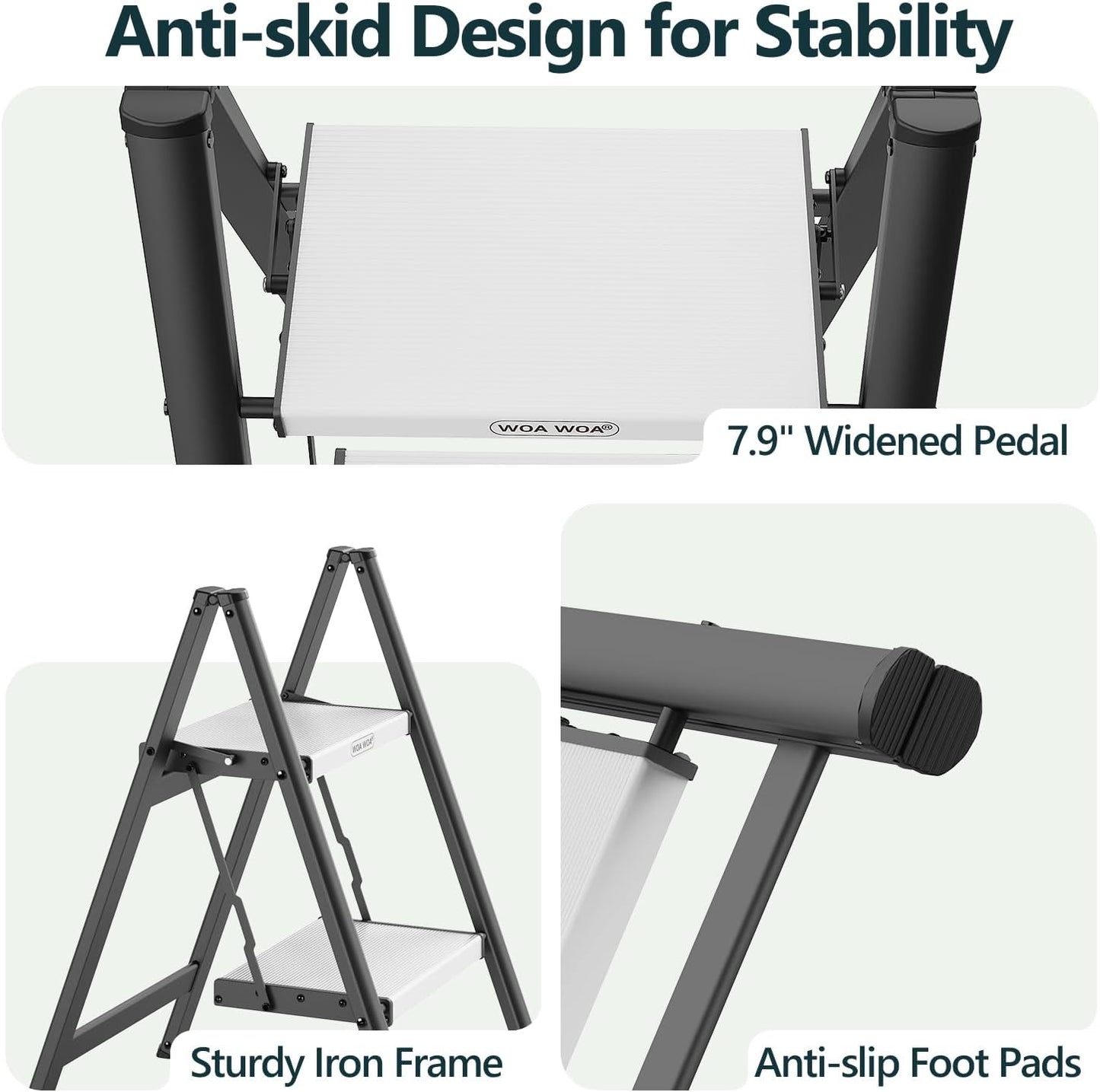 2 Step Ladder, Foldable Step Stool, 300lbs Load, Black & White | Folded 27''H x 3''T; Net 6.9 lbs; Rigid Aluminum Steps; No Assembly; For Home, Kitchen, Office, Pantry, Closets, Cabinets