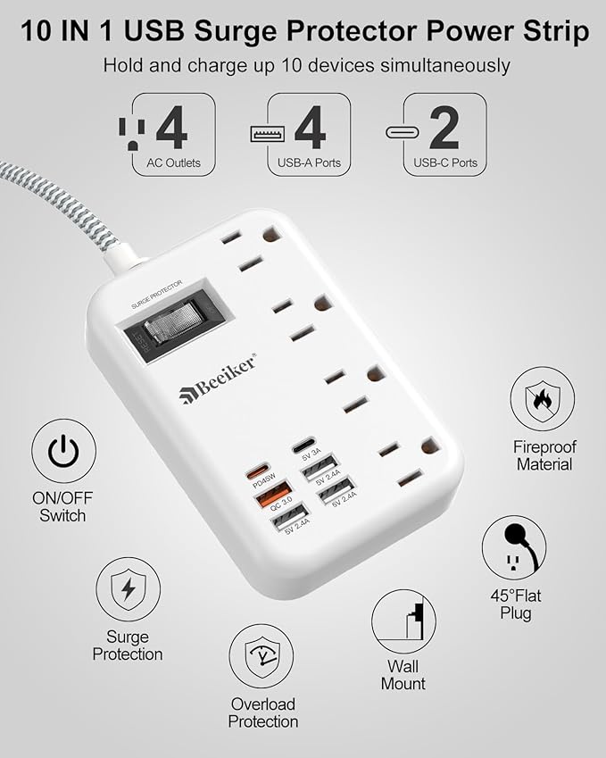 45W USB C Surge Protector Power Strip, Travel Power Strip - Image 4