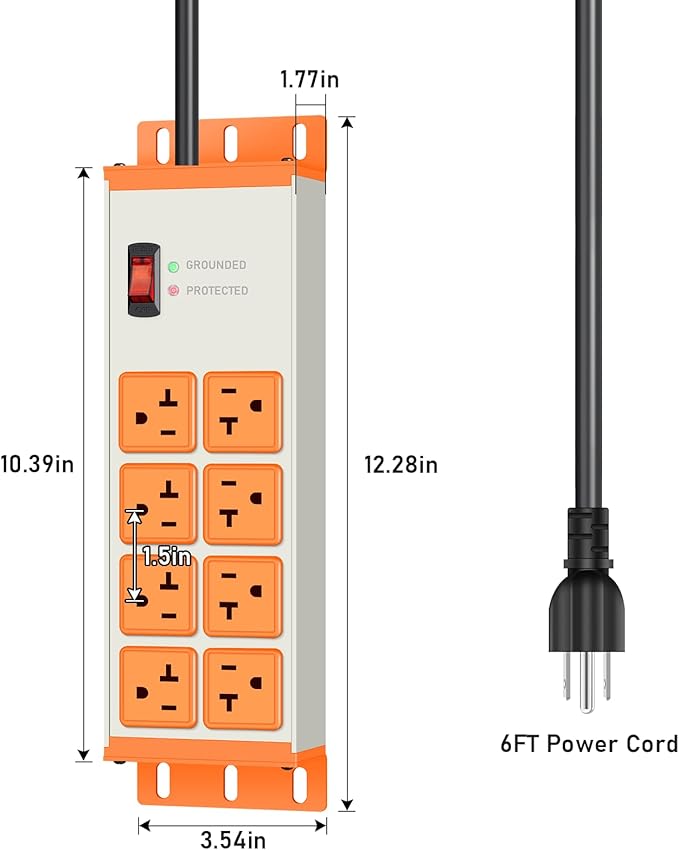 JUNNUJ Heavy Duty 20 Amp Surge Protector 4800J, Garage Metal 8 Outlets 12 Gauge - Image 7