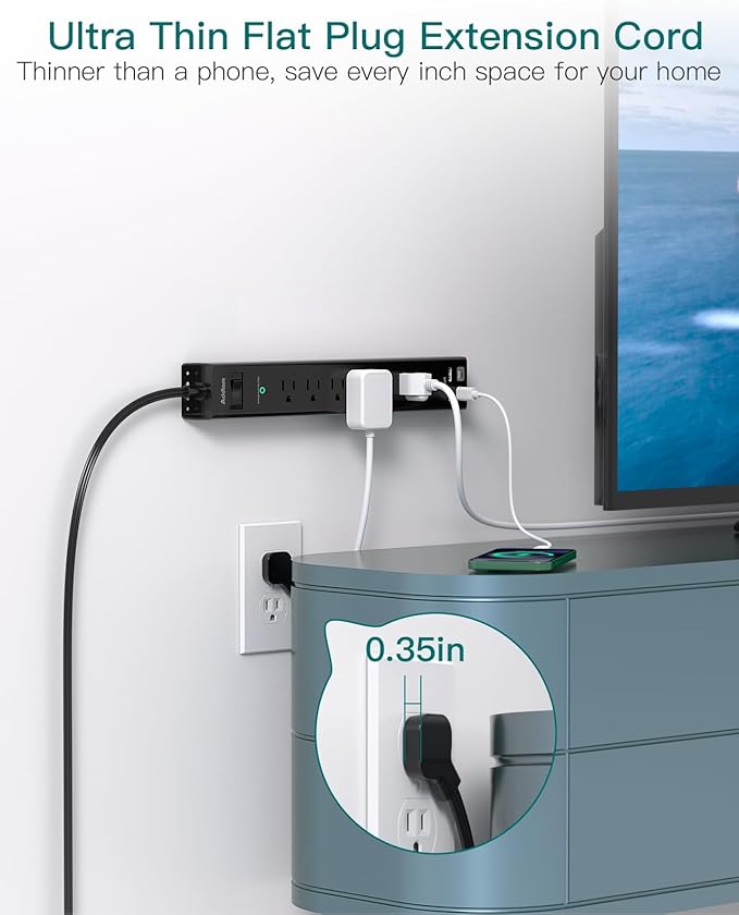 Flat Plug Extension Cord, Addtam 5Ft Surge Protector Power Strip - Image 3