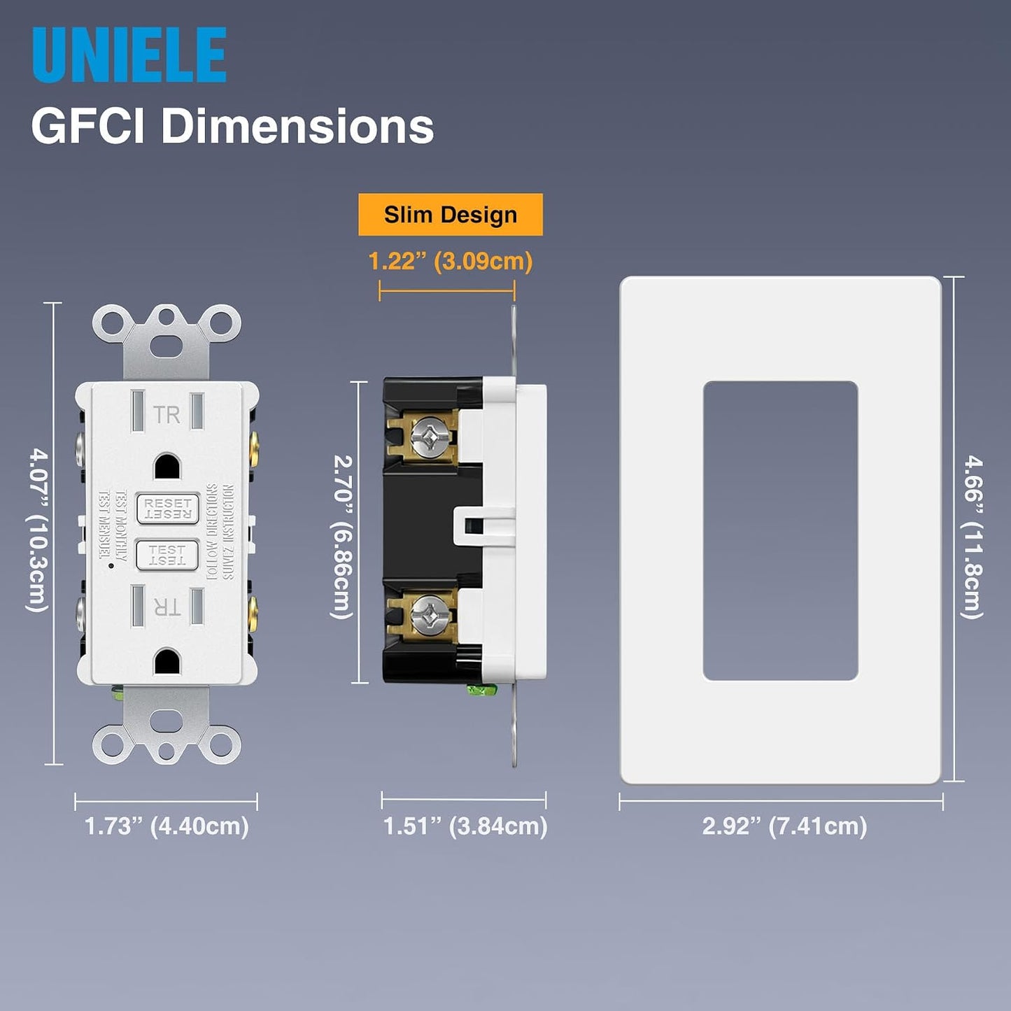 (24 Pack) UNIELE 15A TR GFCI Receptacle with Screwless Wallplate, White | 15A TR GFCI Receptacle, LED Indicator, Slim Design with Screwless Wallplate, ETL Listed, for Residential Indoor Installation