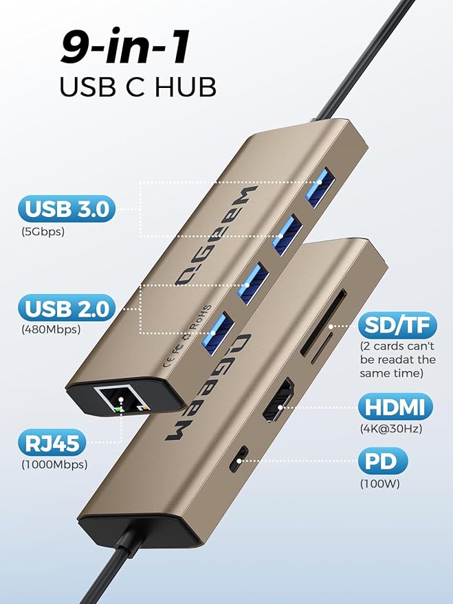 QGeeM USB C Hub Ethernet, 9 in 1 USB Type C Hub HDMI Multi-Port Converter - Image 2
