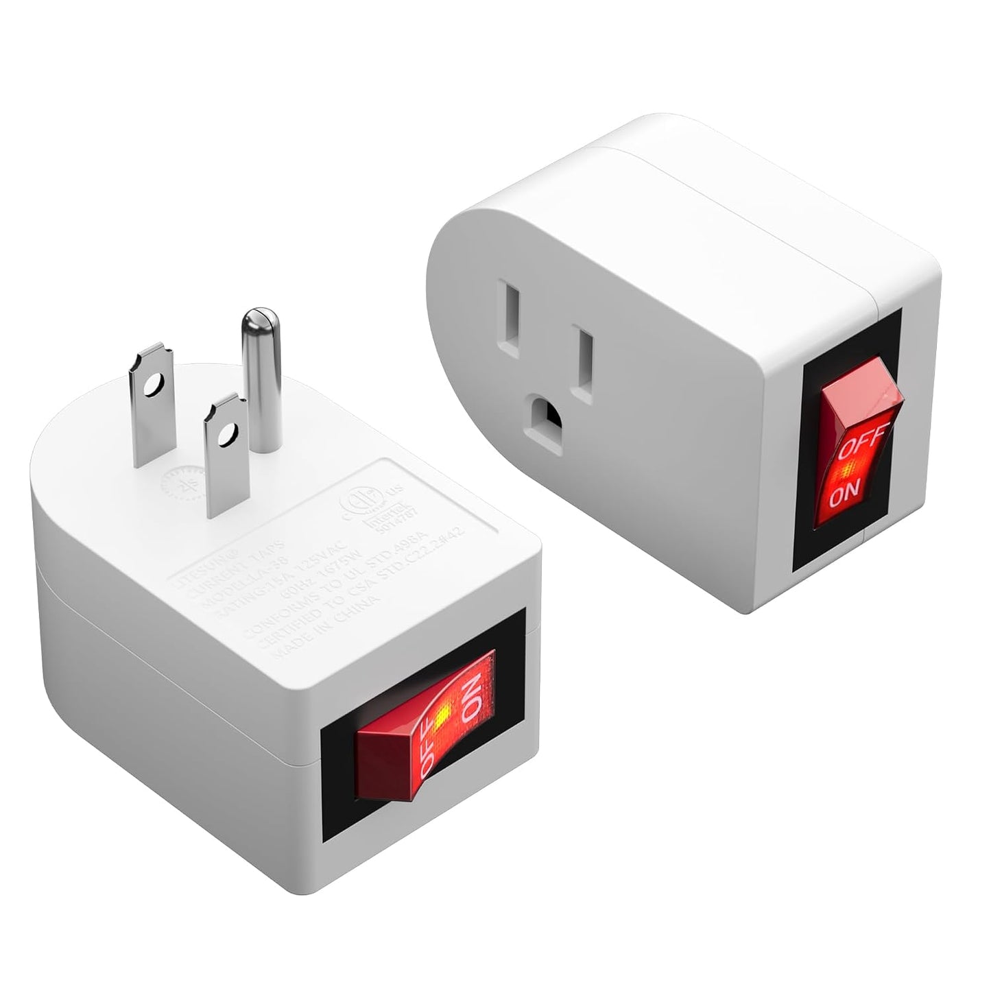 HiFind Grounded Outlet Extender with ON/Off Switch (2 Pack), 3 Prong Single Port Power Adapter, Energy & Space Saving Wall Tap Plug with Red Indicator for Light & Small Appliance, ETL, White