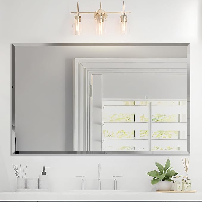 Beveled Mirror, Rectangular Beveled Edge Bathroom Vanity Mirror, Upgraded by LAMCHMOR