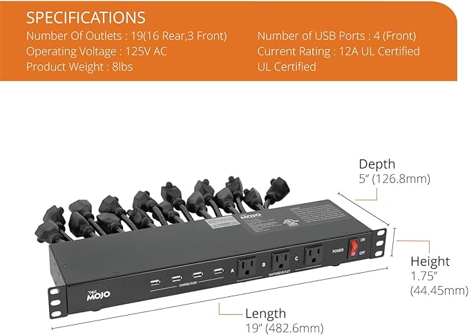 Tecmojo 1U Rack Mount 19 Outlet PDU Power Distribution Unit Power Strip Circuit - Image 2