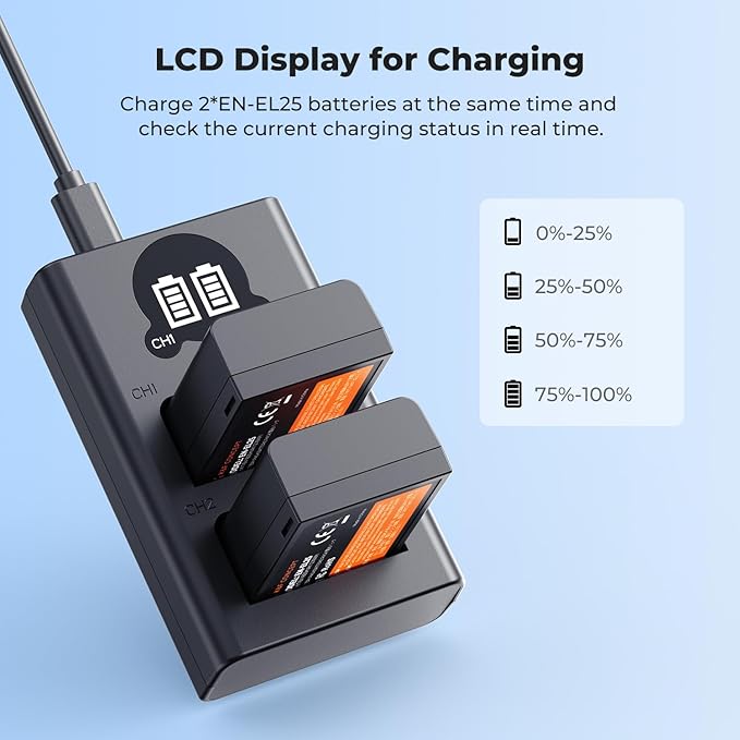 K&F CONCEPT 1600mAh EN-EL25 Battery 2-Pack EN-EL25A Battery and Dual LCD - Image 4